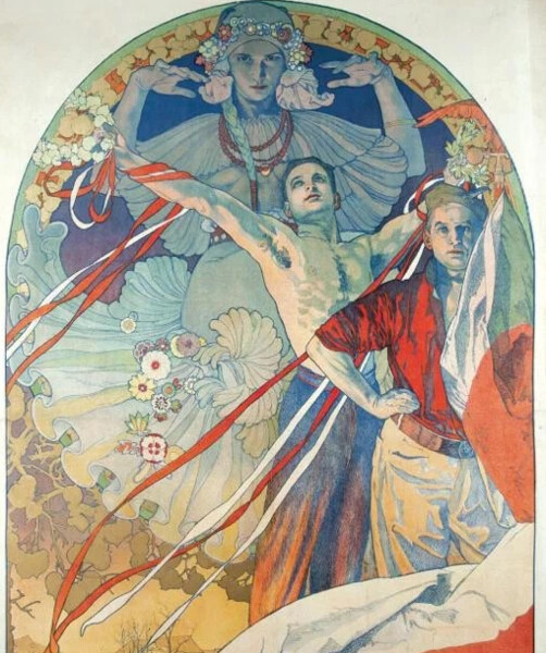 Plakát Alfonse Muchy ke slavnostní hře Slovanstvo bratrské (1926) | © Uměleckoprůmyslové museum v Praze Plakát Alfonse Muchy ke slavnostní hře Slovanstvo bratrské (1926) | © Uměleckoprůmyslové museum v Praze